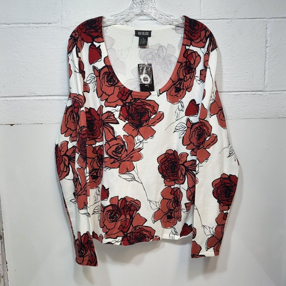 111 State Women's XL Graphic Rose Print Long Sleeve Sweater NWT